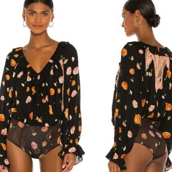 New Free People Black Poppy Printed  blouse size M - Picture 1 of 9